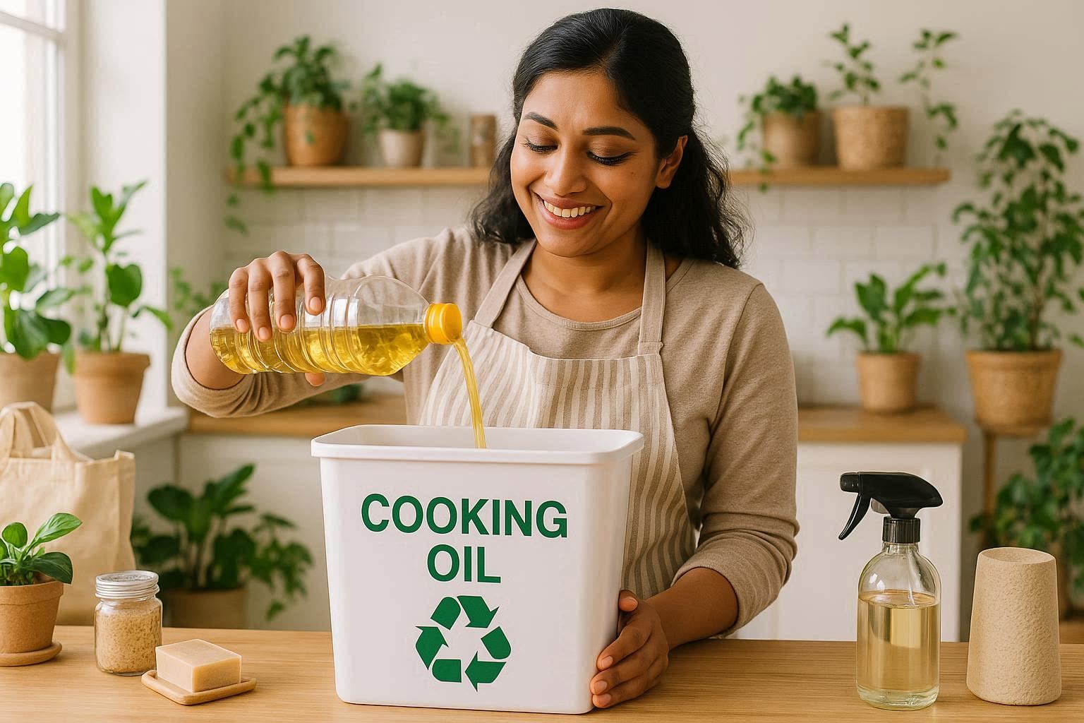 Mulher reciclando óleo de cozinha